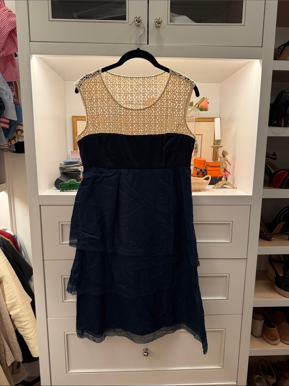 Lela Rose Navy Dress with Cream Lace Yoke